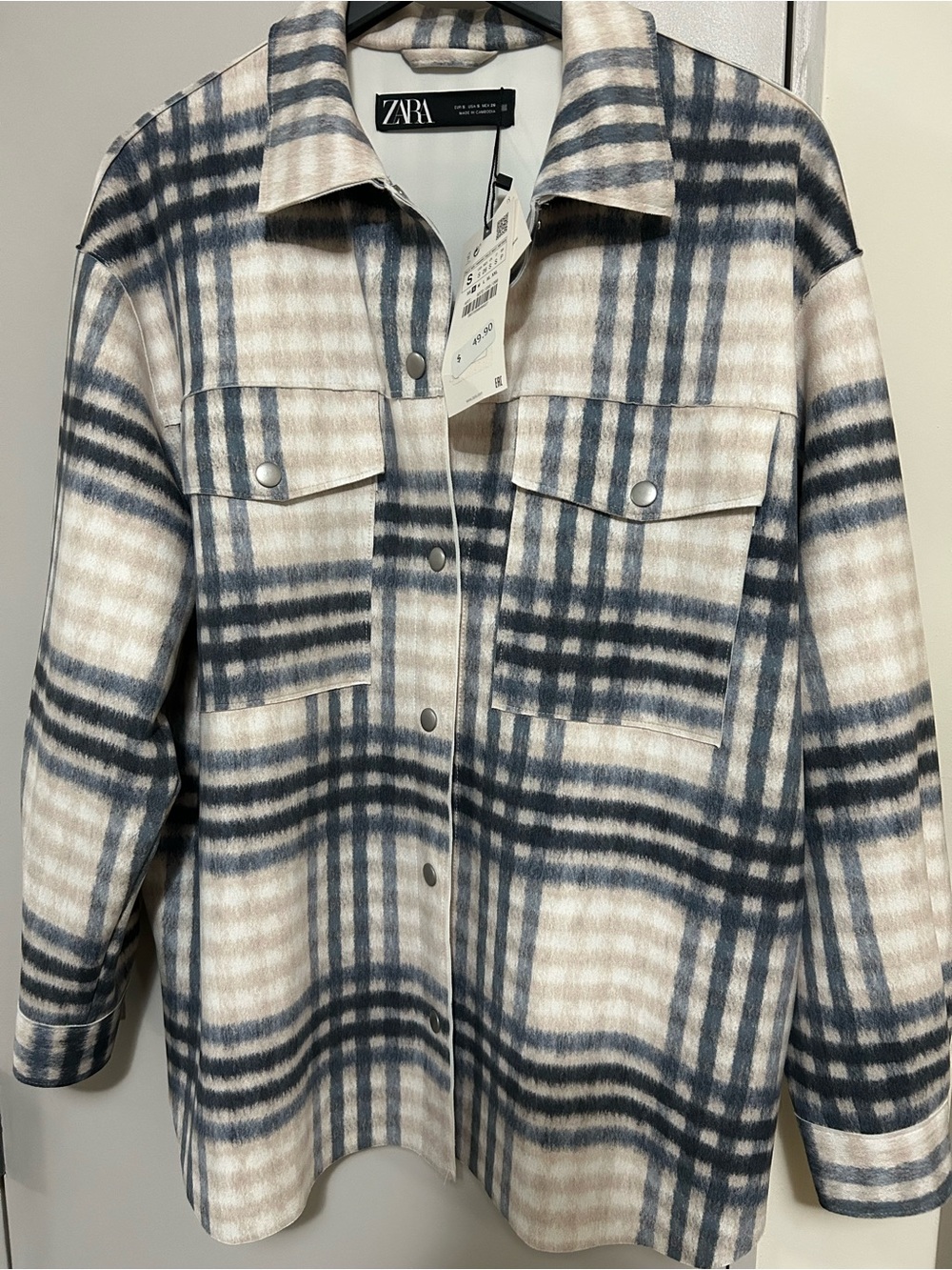 NWT ZARA Plaid Shirt Jacket Shacket Brushed Beige Grey Black Size Small S